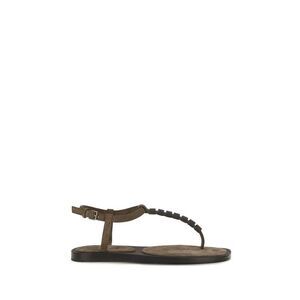 Brunello Cucinelli Brown Calf Leather Bos Taurus Flat Women's Sandals